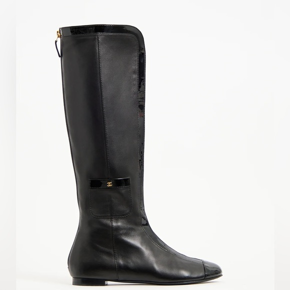 CHANEL Shoes - Chanel Interlocking CC Logo Black Leather Patent Cap Round Toe Knee High Boots